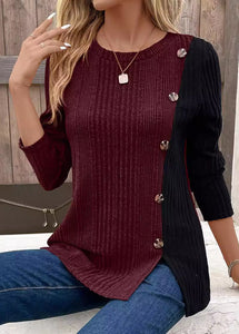 Loose Khaki O Neck Patchwork Knit Shirt Tops Fall