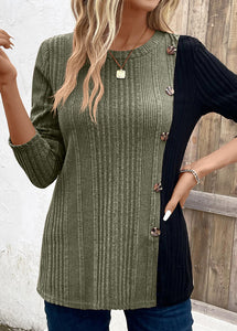 Loose Khaki O Neck Patchwork Knit Shirt Tops Fall