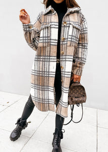 Loose Khaki Peter Pan Collar Pockets Plaid Woolen Coat Fall