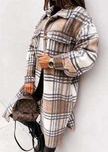 Loose Khaki Peter Pan Collar Pockets Plaid Woolen Coat Fall