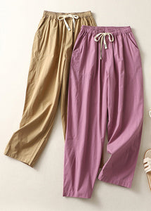 Loose Khaki Pockets Drawstring Cotton Crop Pants Summer