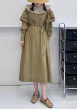 Load image into Gallery viewer, Loose Khaki Ruffled Tie Waist Cotton Dress Long Sleeve