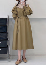 Load image into Gallery viewer, Loose Khaki Ruffled Tie Waist Cotton Dress Long Sleeve