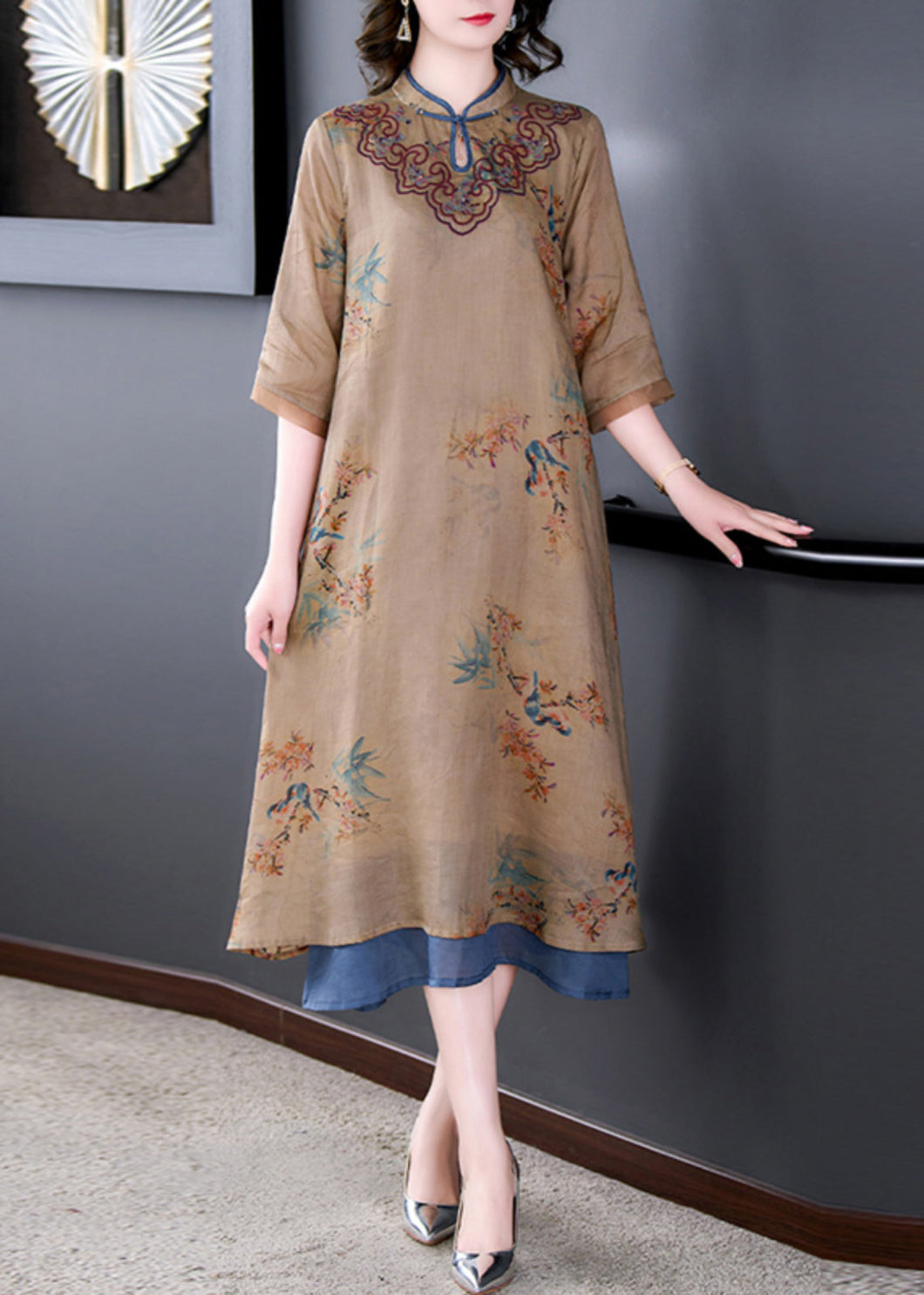 Loose Khaki Stand Collar Print Pockets Linen Long Dresses Half Sleeve