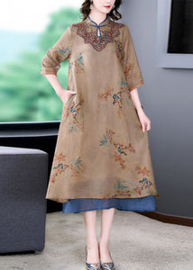 Loose Khaki Stand Collar Print Pockets Linen Long Dresses Half Sleeve