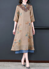 Load image into Gallery viewer, Loose Khaki Stand Collar Print Pockets Linen Long Dresses Half Sleeve