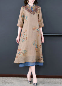 Loose Khaki Stand Collar Print Pockets Linen Long Dresses Half Sleeve