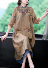 Load image into Gallery viewer, Loose Khaki Stand Collar Print Pockets Linen Long Dresses Half Sleeve