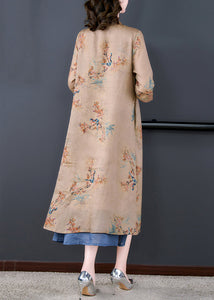 Loose Khaki Stand Collar Print Pockets Linen Long Dresses Half Sleeve