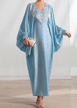 Load image into Gallery viewer, Loose Light Blue Tasseled Zircon Silk Long Dresses Batwing Sleeve