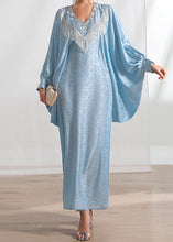 Load image into Gallery viewer, Loose Light Blue Tasseled Zircon Silk Long Dresses Batwing Sleeve