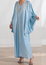 Load image into Gallery viewer, Loose Light Blue Tasseled Zircon Silk Long Dresses Batwing Sleeve