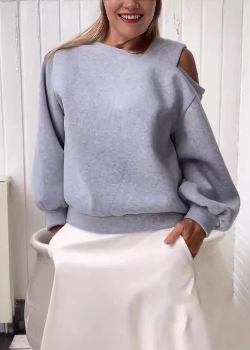 Loose Light Grey Cold Shoulder Warm Fleece Sweatshirts Top Fall