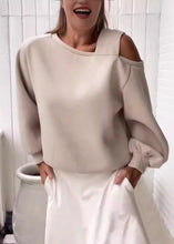 Load image into Gallery viewer, Loose Light Grey Cold Shoulder Warm Fleece Sweatshirts Top Fall