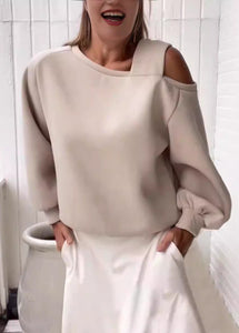 Loose Light Grey Cold Shoulder Warm Fleece Sweatshirts Top Fall