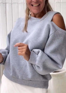 Loose Light Grey Cold Shoulder Warm Fleece Sweatshirts Top Fall