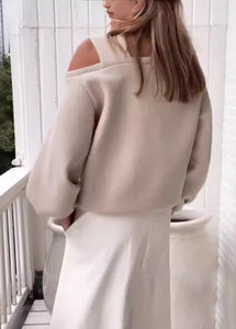 Loose Light Grey Cold Shoulder Warm Fleece Sweatshirts Top Fall