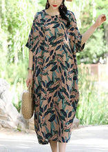 Load image into Gallery viewer, Loose Light Khaki O Neck Print Pockets Cotton Dress Summer