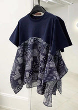 Load image into Gallery viewer, Loose Navy O-Neck Print Patchwork Cotton T Shirt Summer