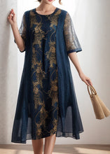 Load image into Gallery viewer, Loose Navy O Neck Print Patchwork Silk Dress Summer