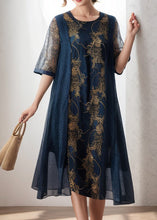 Load image into Gallery viewer, Loose Navy O Neck Print Patchwork Silk Dress Summer