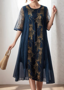 Loose Navy O Neck Print Patchwork Silk Dress Summer