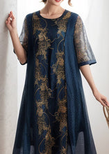 Load image into Gallery viewer, Loose Navy O Neck Print Patchwork Silk Dress Summer