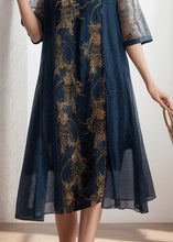 Load image into Gallery viewer, Loose Navy O Neck Print Patchwork Silk Dress Summer