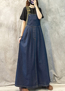 Loose Navy Patchwork Denim Dress With Straps Spring Summer