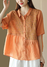 Load image into Gallery viewer, Loose Orange Peter Pan Collar Print Patchwork Linen Blouse Top Summer