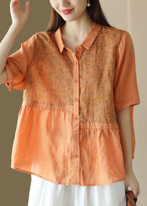 Loose Orange Peter Pan Collar Print Patchwork Linen Blouse Top Summer