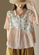 Load image into Gallery viewer, Loose Orange Peter Pan Collar Print Patchwork Linen Blouse Top Summer