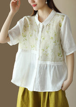 Load image into Gallery viewer, Loose Orange Peter Pan Collar Print Patchwork Linen Blouse Top Summer