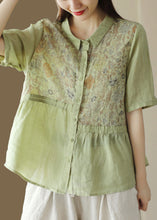 Load image into Gallery viewer, Loose Orange Peter Pan Collar Print Patchwork Linen Blouse Top Summer