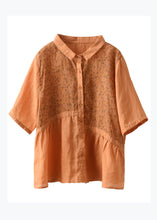 Load image into Gallery viewer, Loose Orange Peter Pan Collar Print Patchwork Linen Blouse Top Summer