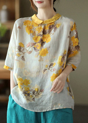 Loose Peter Pan Collar Print Linen Top Half Sleeve