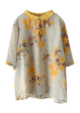 Load image into Gallery viewer, Loose Peter Pan Collar Print Linen Top Half Sleeve