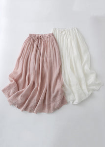 Loose Pink Drawstring Lace Linen Skirt Summer