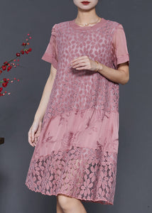 Loose Pink Embroidered Patchwork Lace Dress Summer