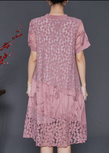 Loose Pink Embroidered Patchwork Lace Dress Summer