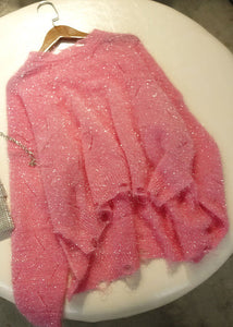 Loose Pink Hollow Out Low High Design Knit Top Long Sleeve