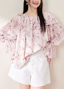 Loose Pink Ruffled Print Chiffon Shirt Flare Sleeve