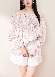 Loose Pink Ruffled Print Chiffon Shirt Flare Sleeve