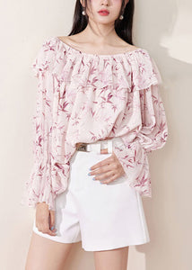 Loose Pink Ruffled Print Chiffon Shirt Flare Sleeve