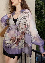 Load image into Gallery viewer, Loose Purple Peter Pan Collar Print Chiffon Blouses Long Sleeve