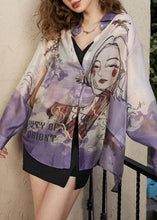 Load image into Gallery viewer, Loose Purple Peter Pan Collar Print Chiffon Blouses Long Sleeve