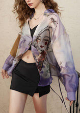 Load image into Gallery viewer, Loose Purple Peter Pan Collar Print Chiffon Blouses Long Sleeve