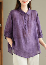 Load image into Gallery viewer, Loose Purple Peter Pan Collar Print Linen Blouses Half Sleeve