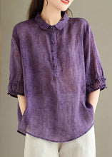 Load image into Gallery viewer, Loose Purple Peter Pan Collar Print Linen Blouses Half Sleeve