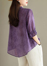 Load image into Gallery viewer, Loose Purple Peter Pan Collar Print Linen Blouses Half Sleeve